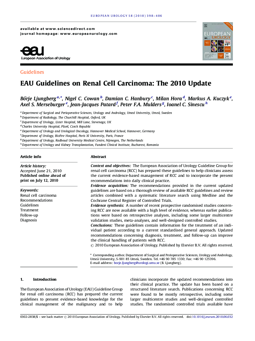 EAU Guidelines on Renal Cell Carcinoma: The 2010 Update