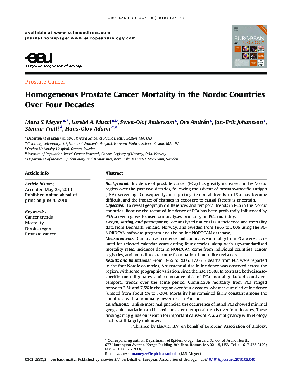 Homogeneous Prostate Cancer Mortality in the Nordic Countries Over Four Decades