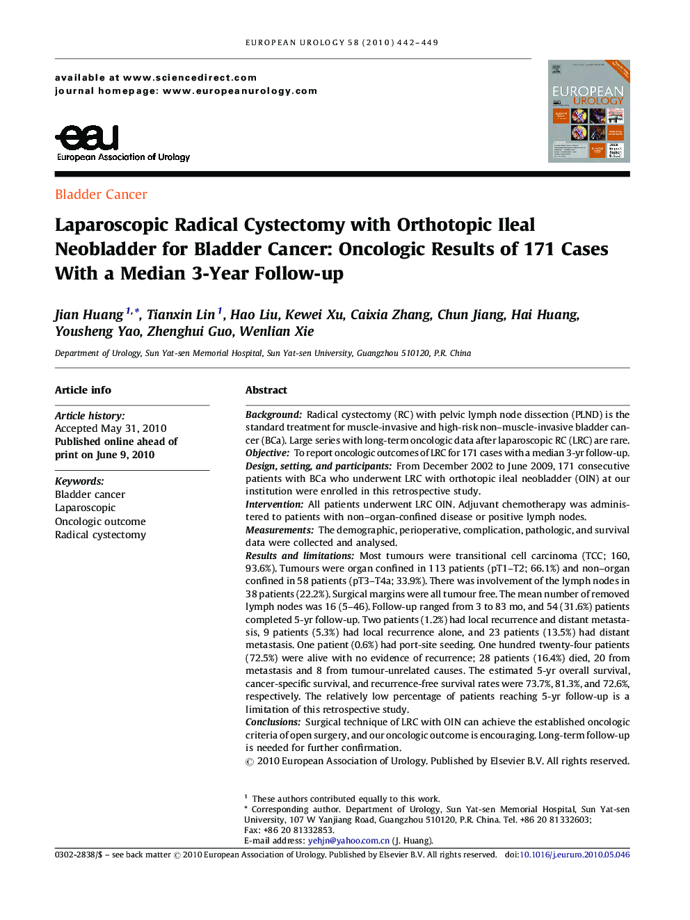 Laparoscopic Radical Cystectomy with Orthotopic Ileal Neobladder for Bladder Cancer: Oncologic Results of 171 Cases With a Median 3-Year Follow-up