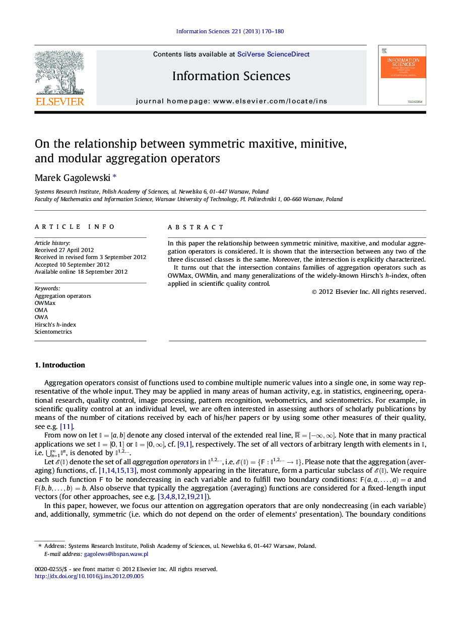 On the relationship between symmetric maxitive, minitive, and modular aggregation operators