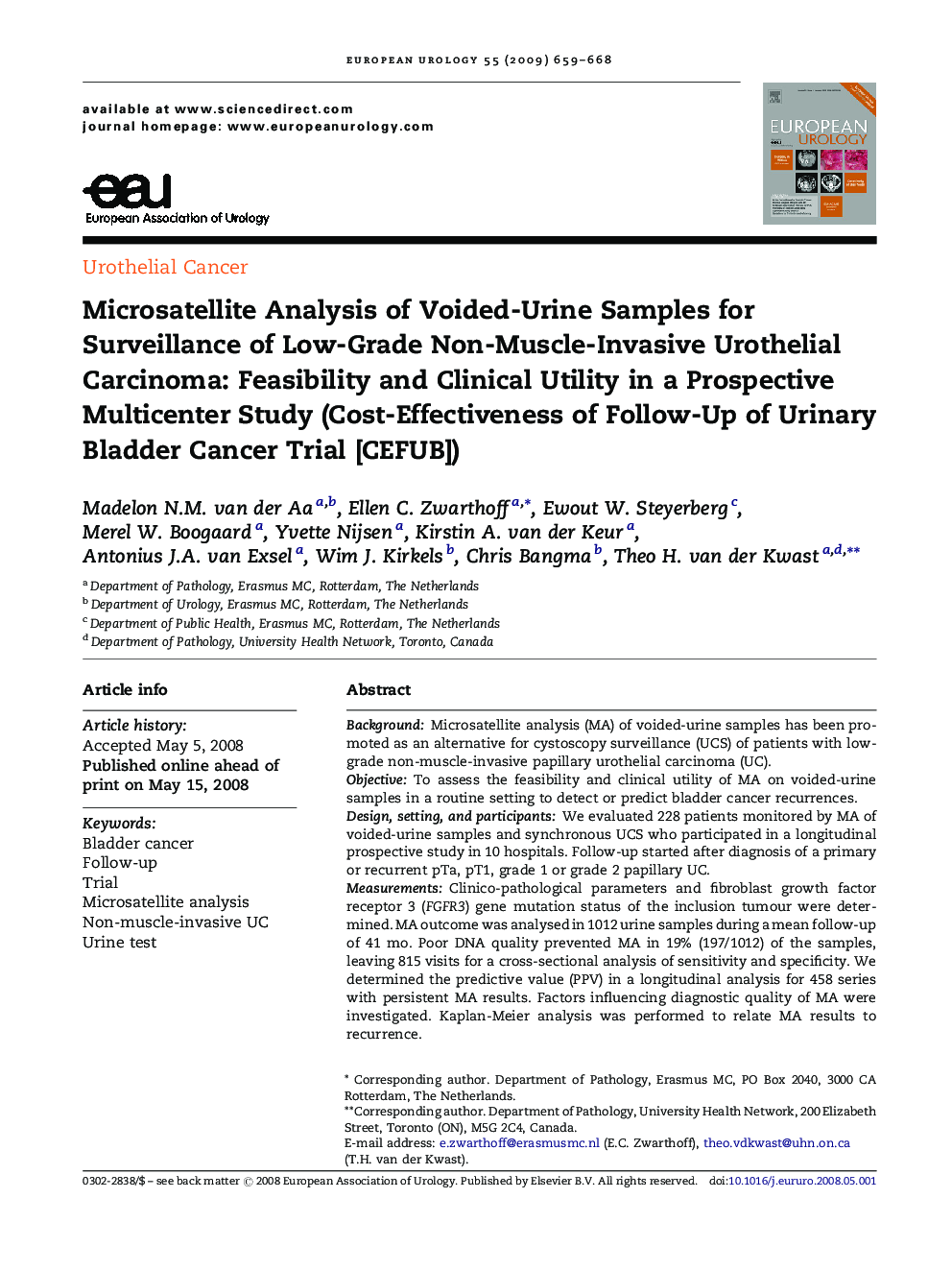 Microsatellite Analysis of Voided-Urine Samples for Surveillance of Low-Grade Non-Muscle-Invasive Urothelial Carcinoma: Feasibility and Clinical Utility in a Prospective Multicenter Study (Cost-Effectiveness of Follow-Up of Urinary Bladder Cancer Trial [C