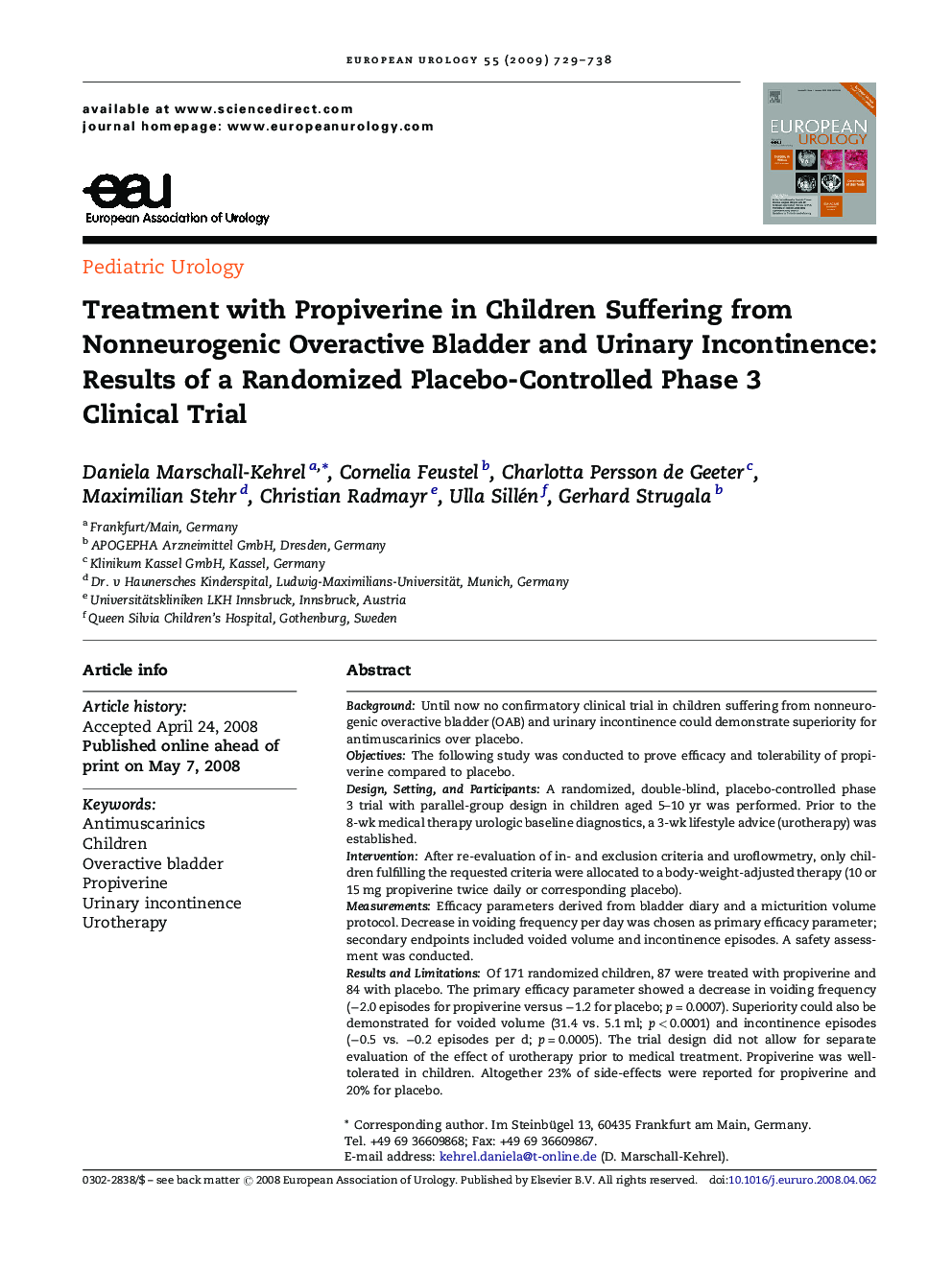 Treatment with Propiverine in Children Suffering from Nonneurogenic Overactive Bladder and Urinary Incontinence: Results of a Randomized Placebo-Controlled Phase 3 Clinical Trial