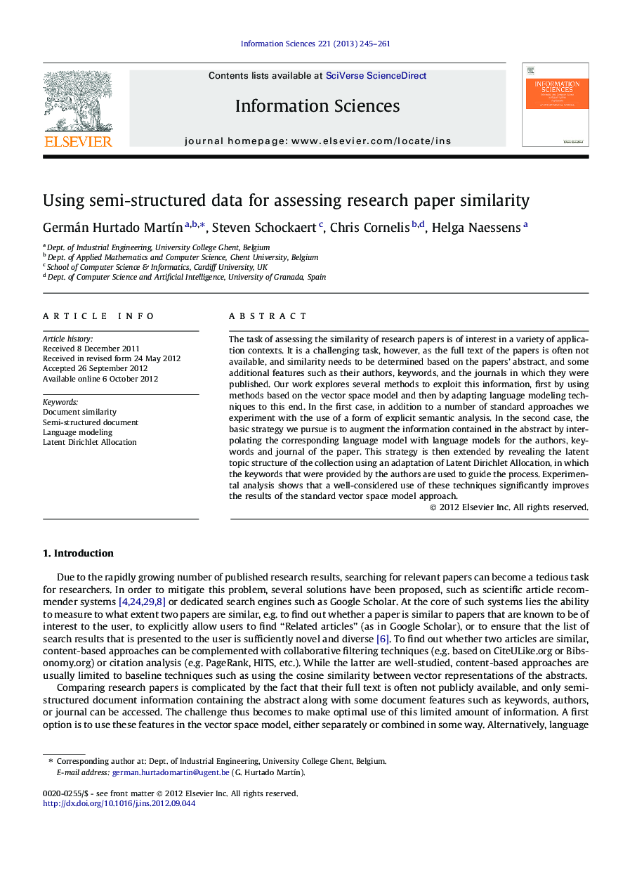 Using semi-structured data for assessing research paper similarity