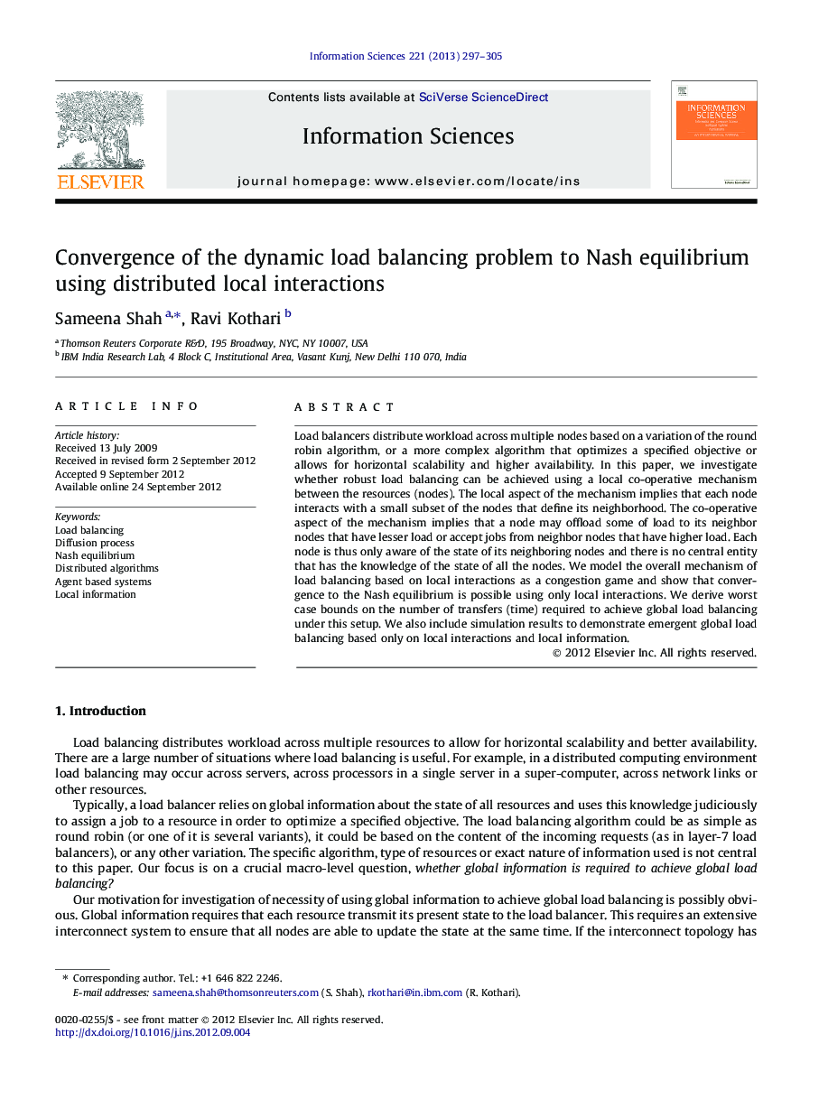 Convergence of the dynamic load balancing problem to Nash equilibrium using distributed local interactions