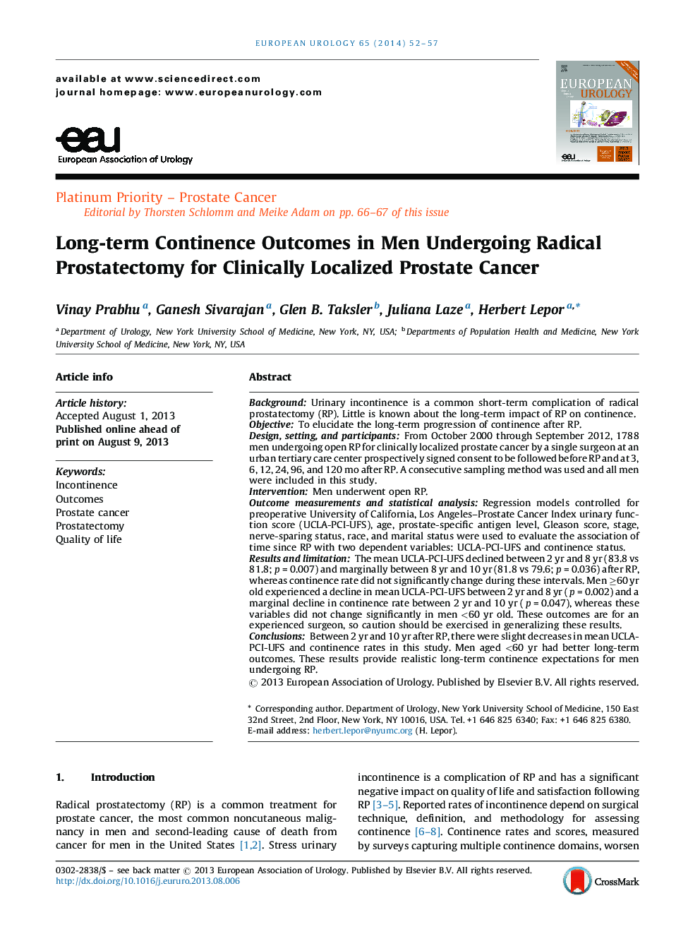 Long-term Continence Outcomes in Men Undergoing Radical Prostatectomy for Clinically Localized Prostate Cancer