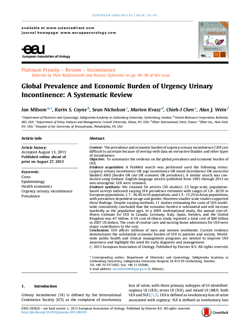 Global Prevalence and Economic Burden of Urgency Urinary Incontinence: A Systematic Review