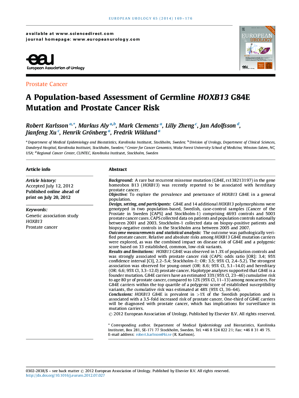 A Population-based Assessment of Germline HOXB13 G84E Mutation and Prostate Cancer Risk