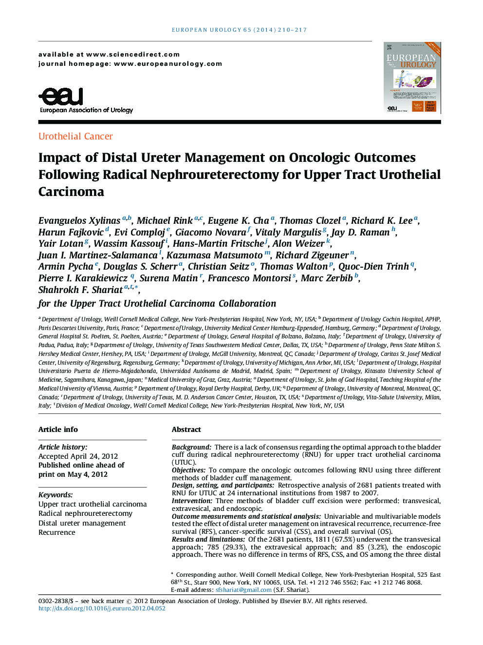 تأثیر مدیریت دیاستال اورتر در نتایج انکولوژیک پس از نفروتورکتومی رادیکال برای کارسینوم اورکتهیلالی فوقانی 