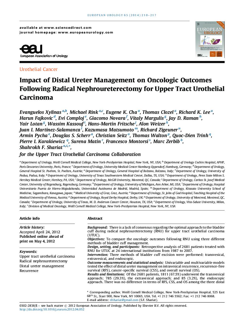 Impact of Distal Ureter Management on Oncologic Outcomes Following Radical Nephroureterectomy for Upper Tract Urothelial Carcinoma