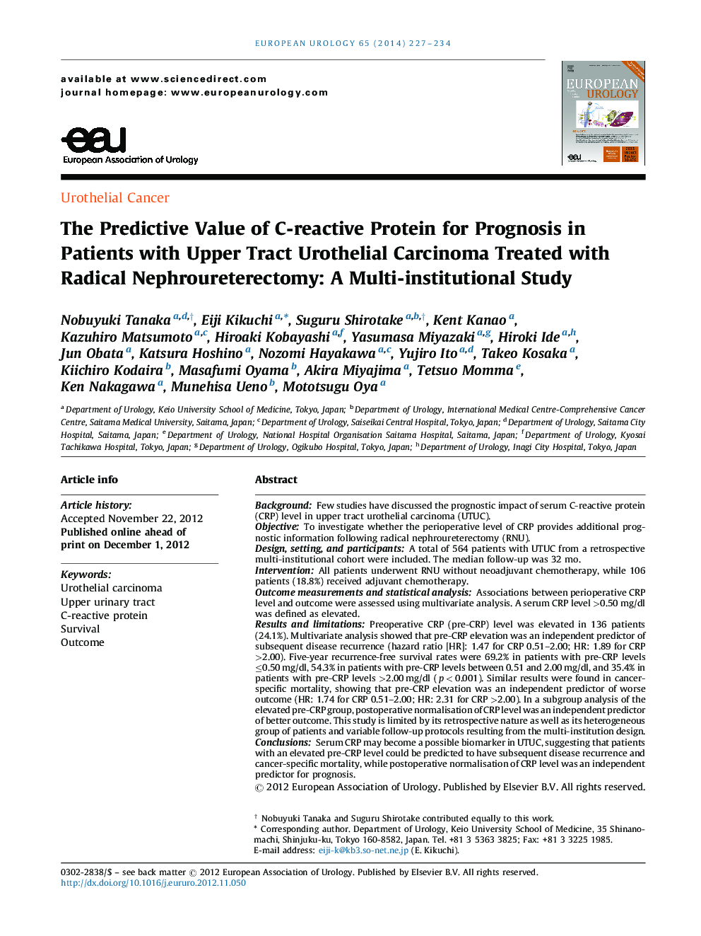 The Predictive Value of C-reactive Protein for Prognosis in Patients with Upper Tract Urothelial Carcinoma Treated with Radical Nephroureterectomy: A Multi-institutional Study