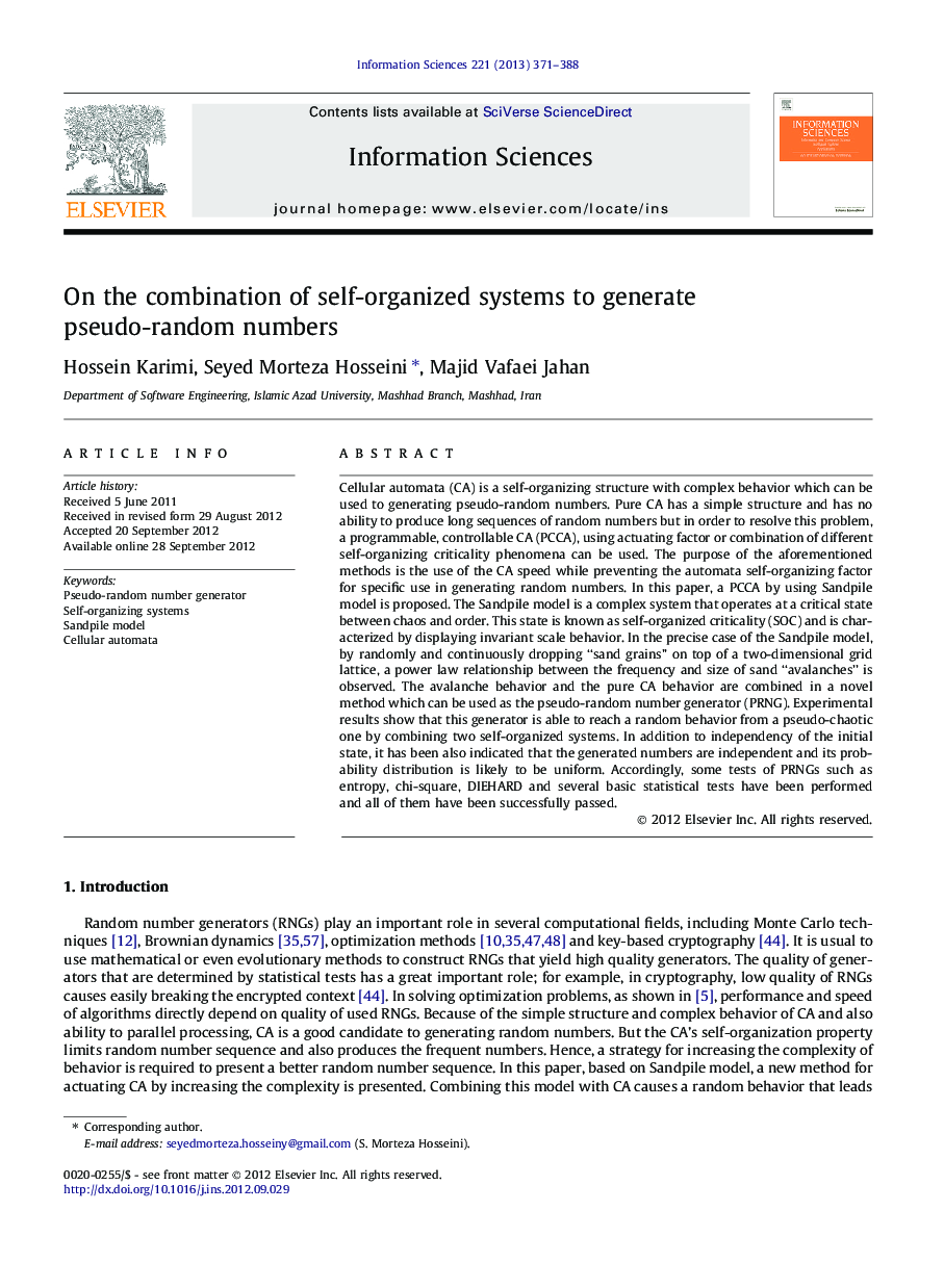 On the combination of self-organized systems to generate pseudo-random numbers