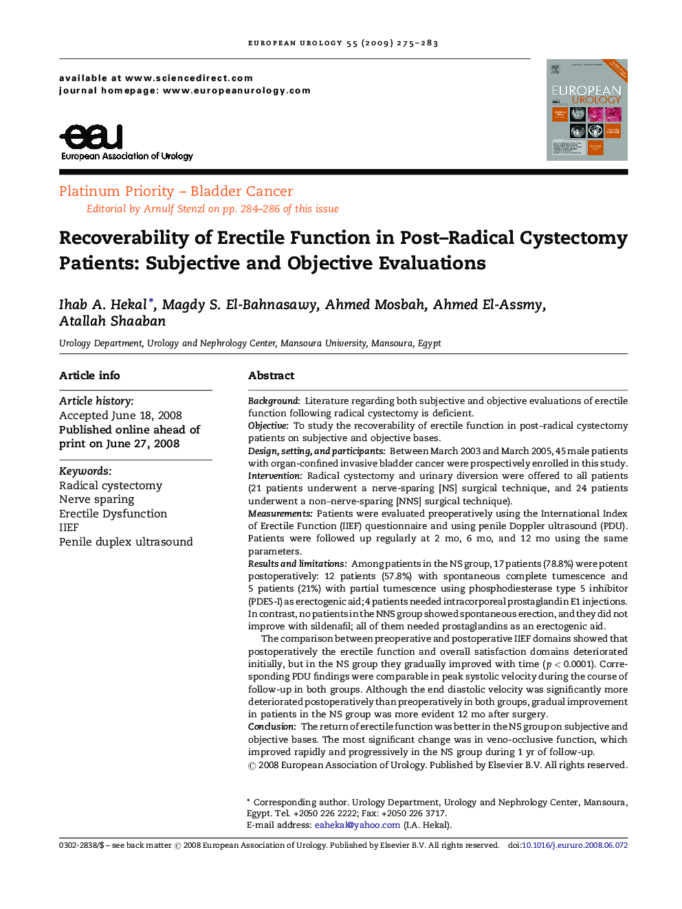 Recoverability of Erectile Function in Post–Radical Cystectomy Patients: Subjective and Objective Evaluations