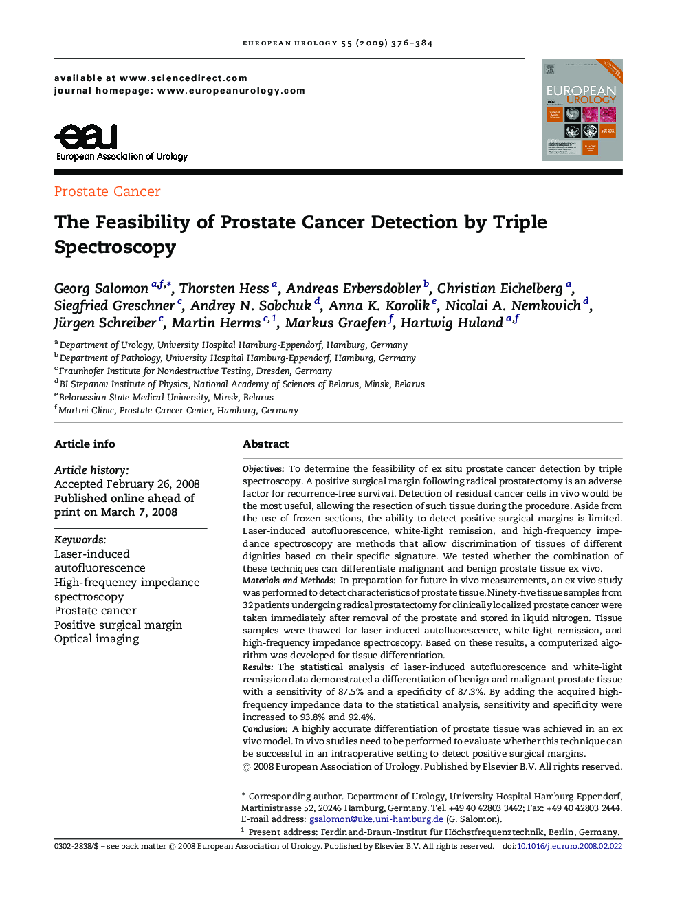 The Feasibility of Prostate Cancer Detection by Triple Spectroscopy