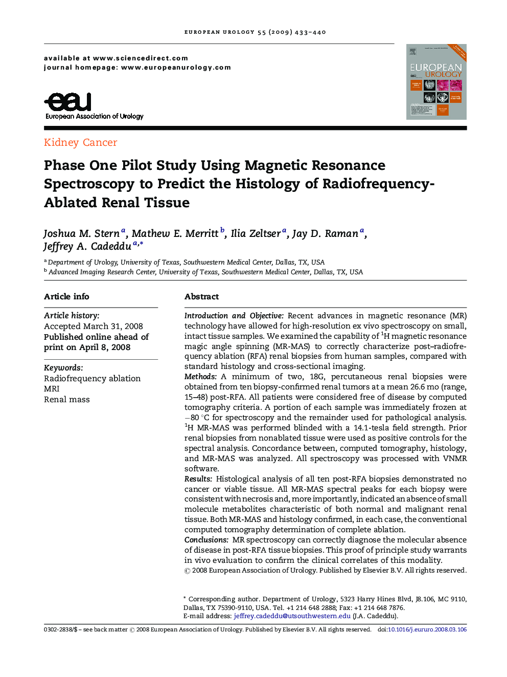 Phase One Pilot Study Using Magnetic Resonance Spectroscopy to Predict the Histology of Radiofrequency-Ablated Renal Tissue