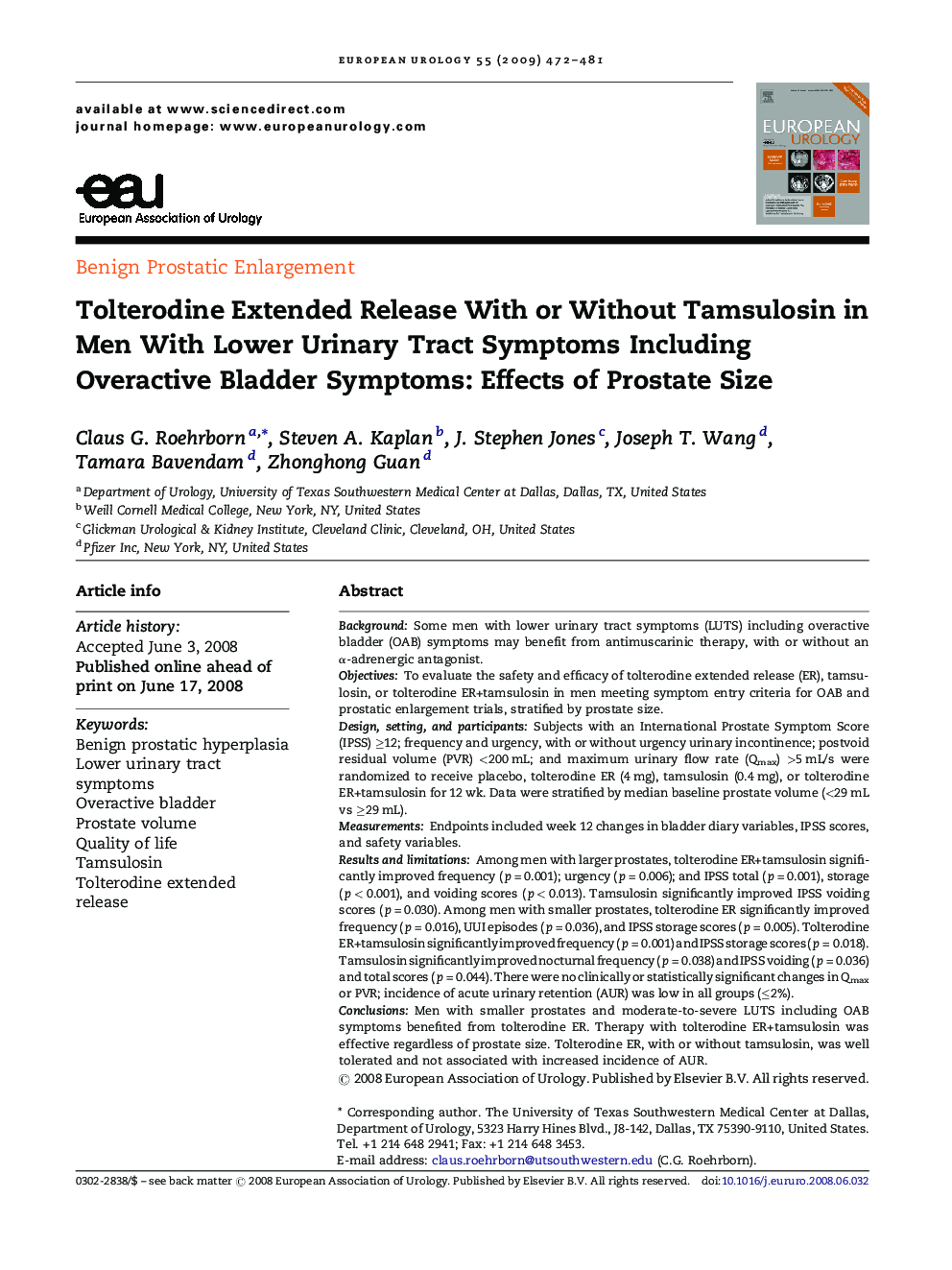 Tolterodine Extended Release With or Without Tamsulosin in Men With Lower Urinary Tract Symptoms Including Overactive Bladder Symptoms: Effects of Prostate Size