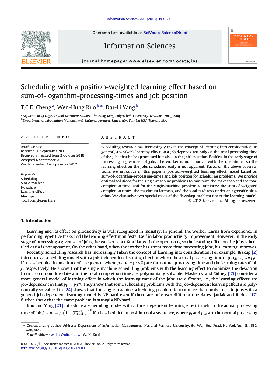 Scheduling with a position-weighted learning effect based on sum-of-logarithm-processing-times and job position