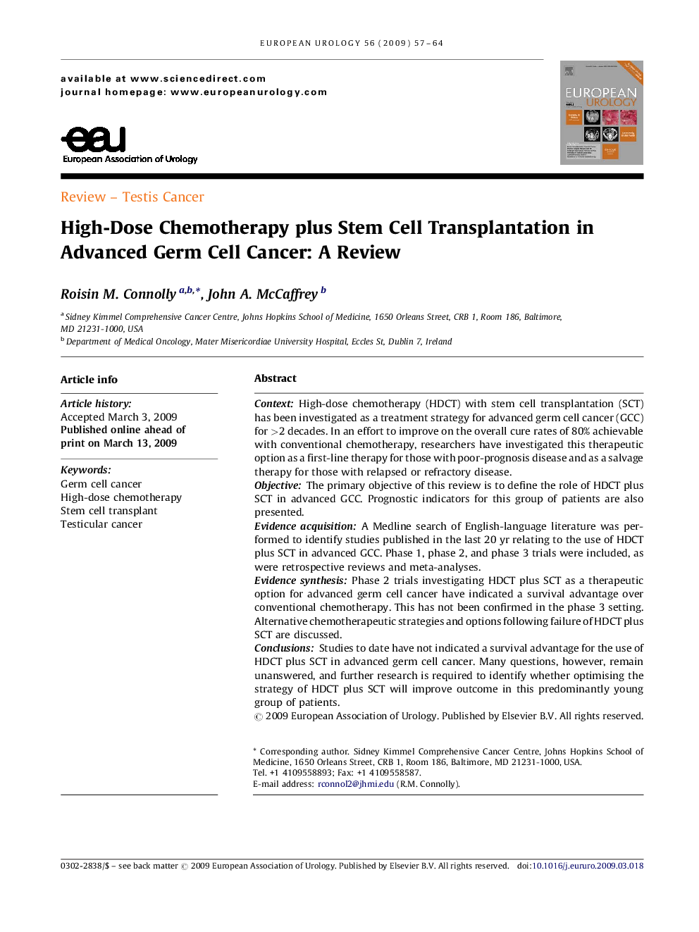 High-Dose Chemotherapy plus Stem Cell Transplantation in Advanced Germ Cell Cancer: A Review