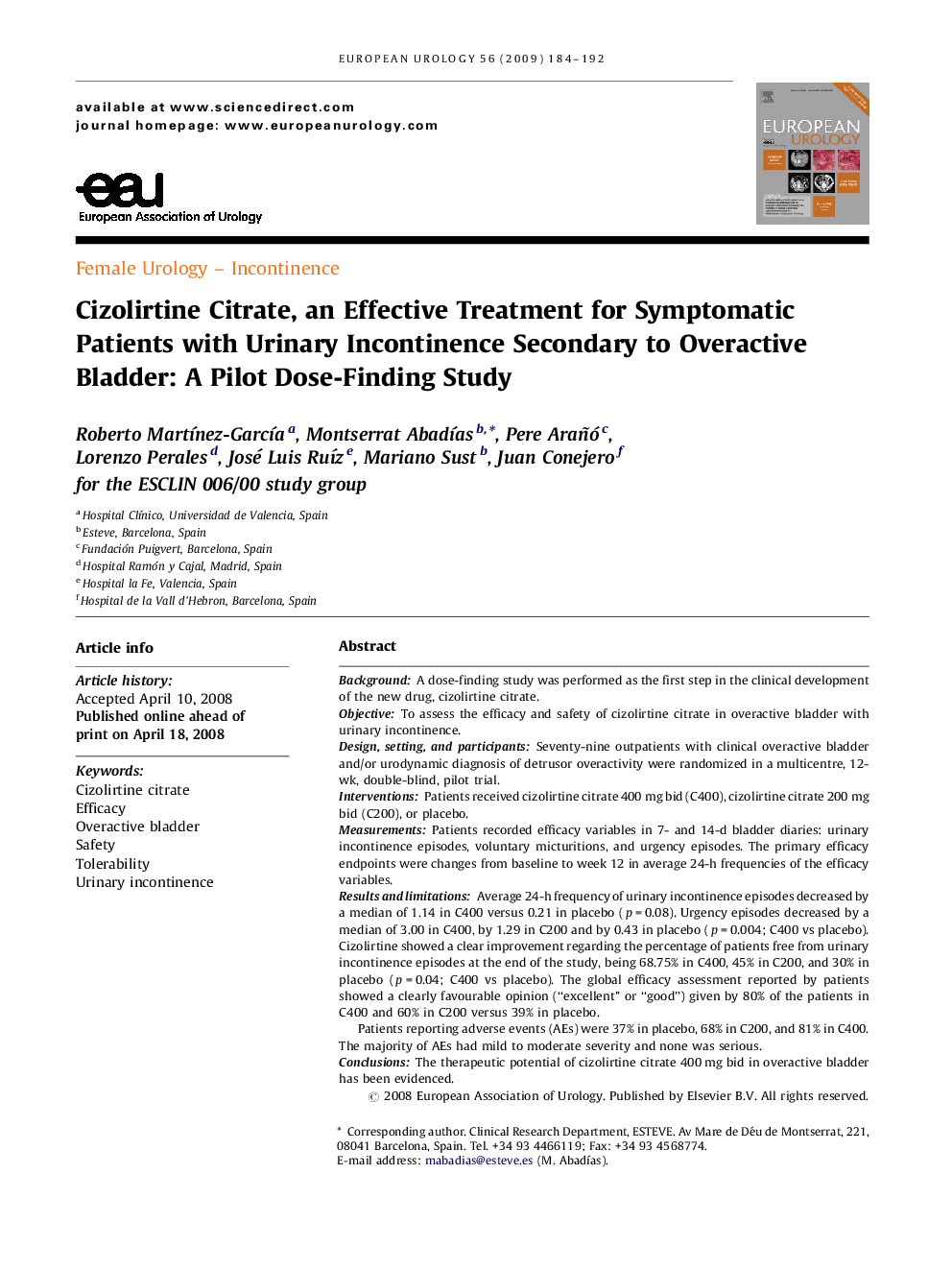 Cizolirtine Citrate, an Effective Treatment for Symptomatic Patients with Urinary Incontinence Secondary to Overactive Bladder: A Pilot Dose-Finding Study