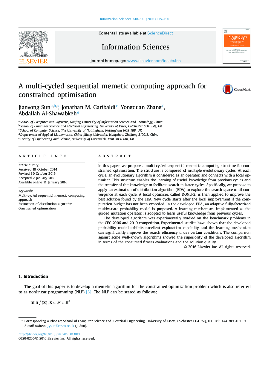 A multi-cycled sequential memetic computing approach for constrained optimisation