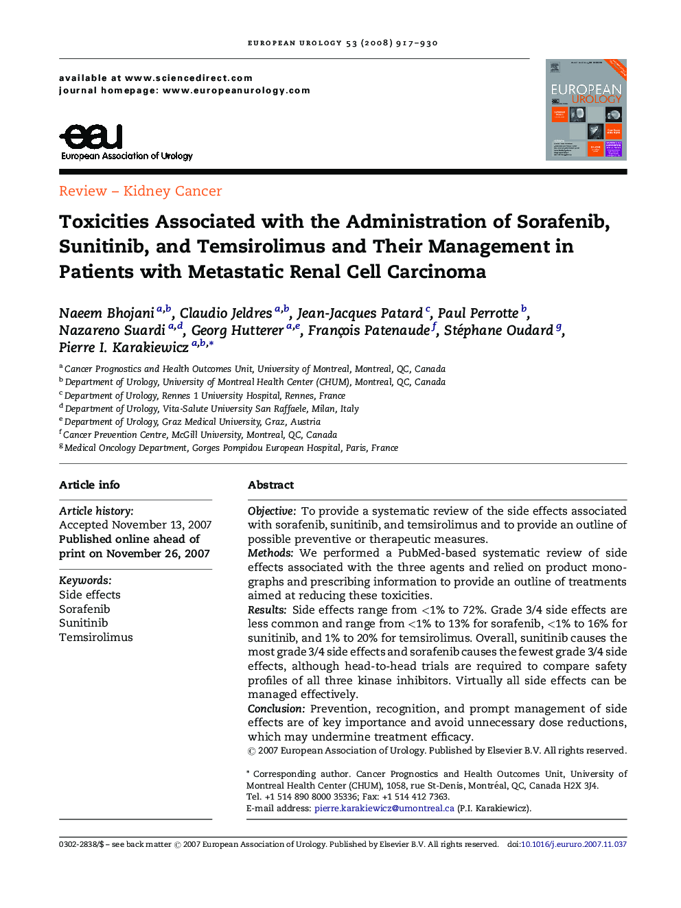 Toxicities Associated with the Administration of Sorafenib, Sunitinib, and Temsirolimus and Their Management in Patients with Metastatic Renal Cell Carcinoma