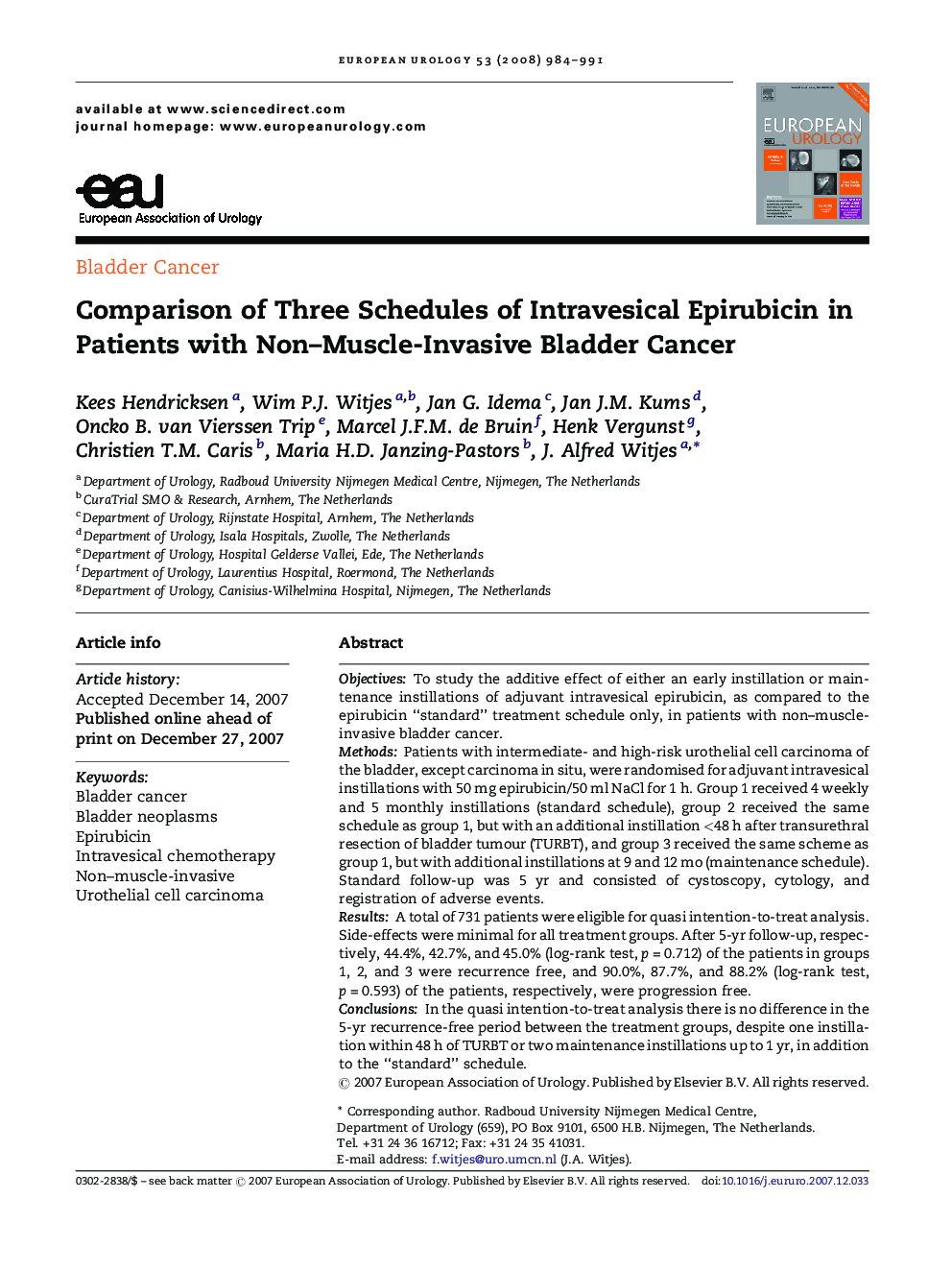 Comparison of Three Schedules of Intravesical Epirubicin in Patients with Non–Muscle-Invasive Bladder Cancer