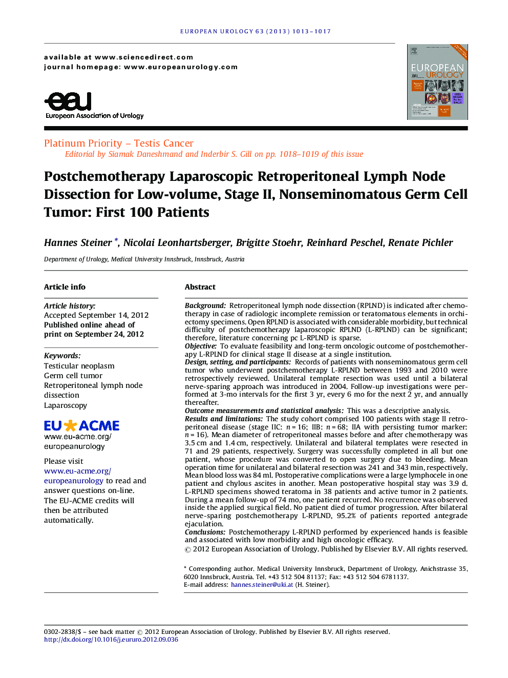 Postchemotherapy Laparoscopic Retroperitoneal Lymph Node Dissection for Low-volume, Stage II, Nonseminomatous Germ Cell Tumor: First 100 Patients 
