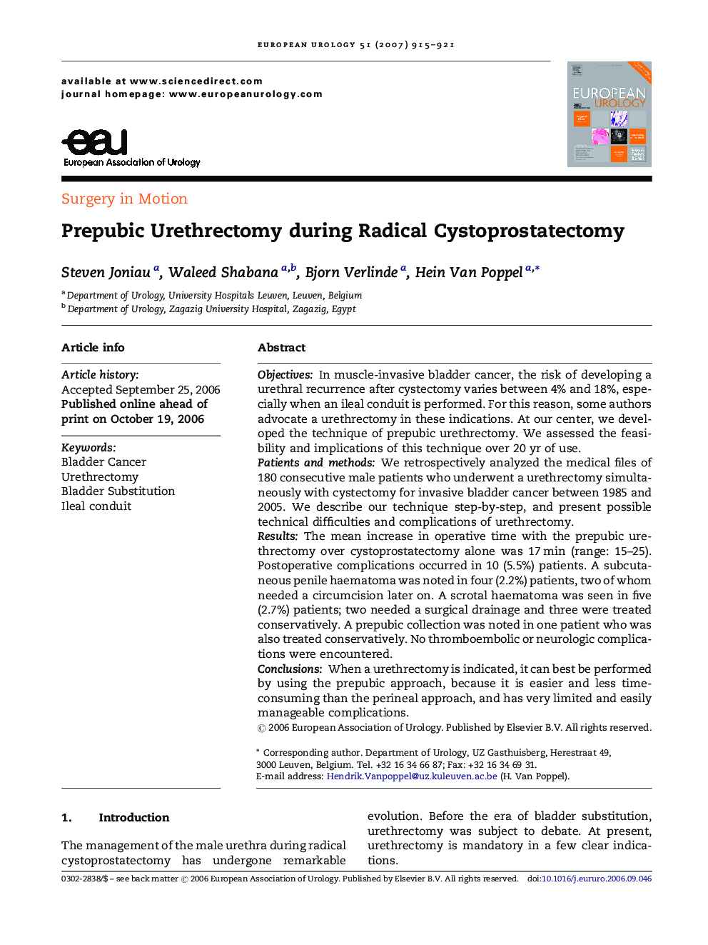 Prepubic Urethrectomy during Radical Cystoprostatectomy