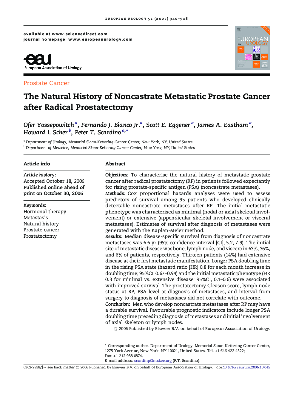The Natural History of Noncastrate Metastatic Prostate Cancer after Radical Prostatectomy