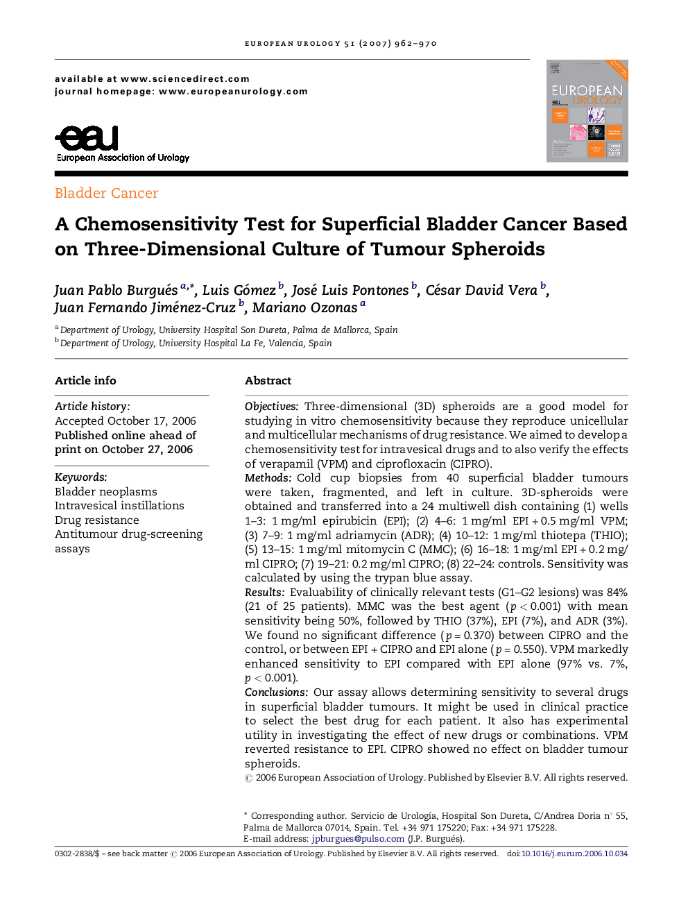 A Chemosensitivity Test for Superficial Bladder Cancer Based on Three-Dimensional Culture of Tumour Spheroids