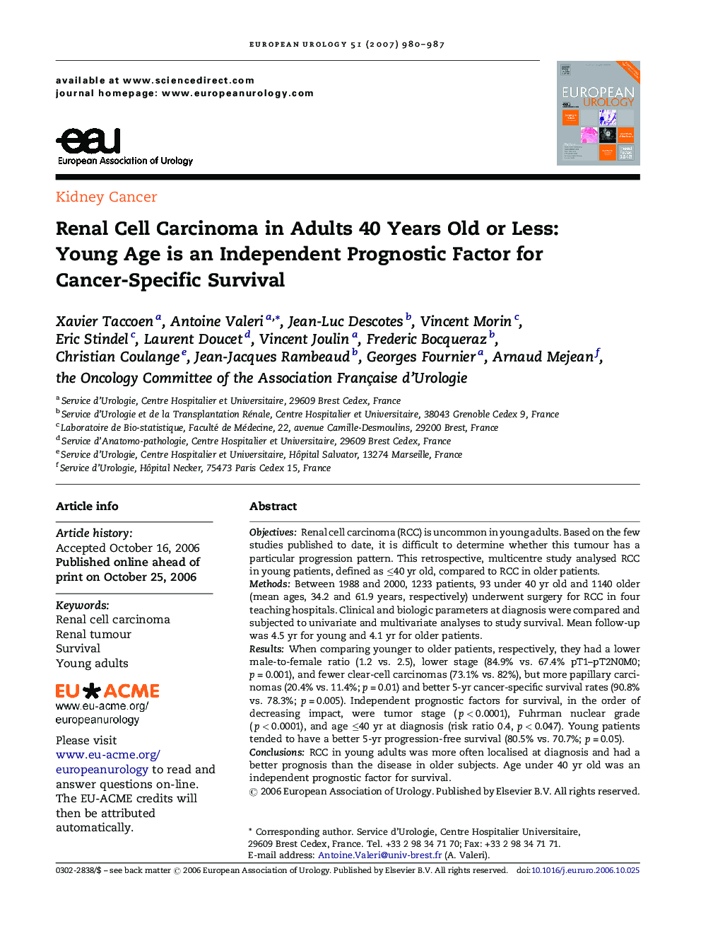 Renal Cell Carcinoma in Adults 40 Years Old or Less: Young Age is an Independent Prognostic Factor for Cancer-Specific Survival 