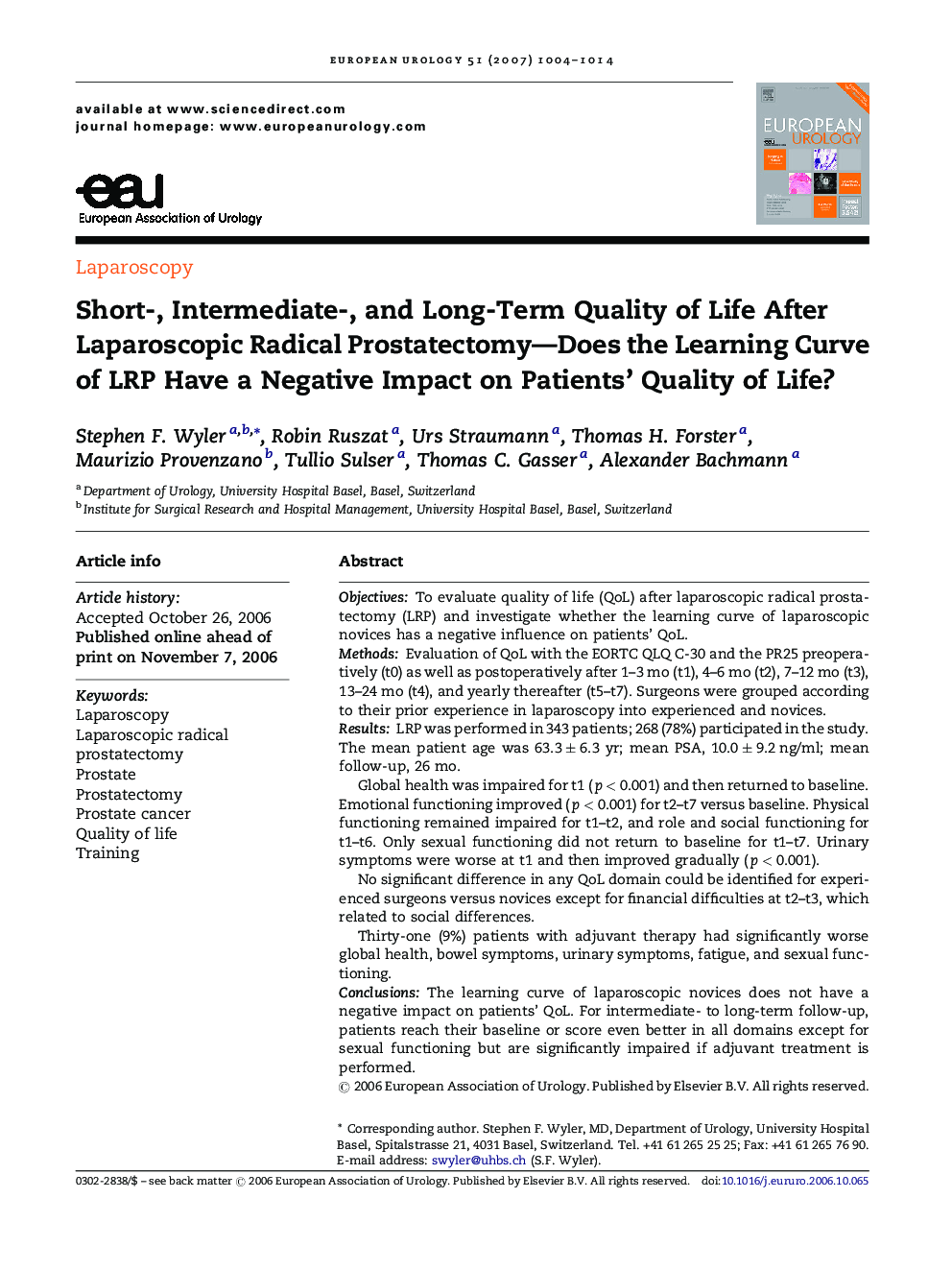 Short-, Intermediate-, and Long-Term Quality of Life After Laparoscopic Radical Prostatectomy—Does the Learning Curve of LRP Have a Negative Impact on Patients’ Quality of Life?