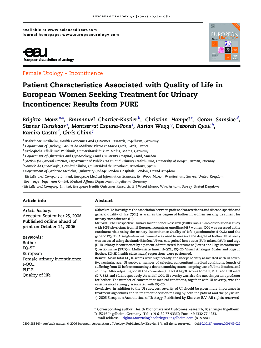 Patient Characteristics Associated with Quality of Life in European Women Seeking Treatment for Urinary Incontinence: Results from PURE