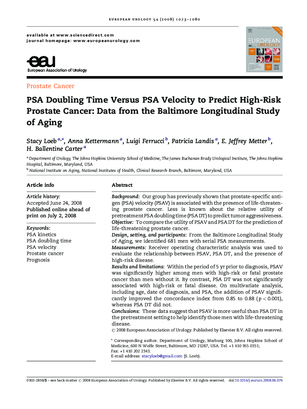 PSA Doubling Time Versus PSA Velocity to Predict High-Risk Prostate Cancer: Data from the Baltimore Longitudinal Study of Aging