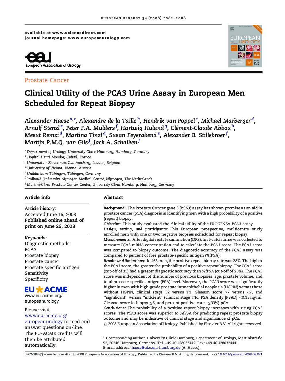 Clinical Utility of the PCA3 Urine Assay in European Men Scheduled for Repeat Biopsy 