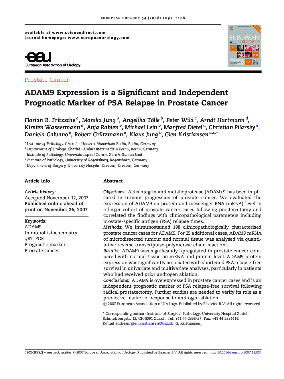 ADAM9 Expression is a Significant and Independent Prognostic Marker of PSA Relapse in Prostate Cancer