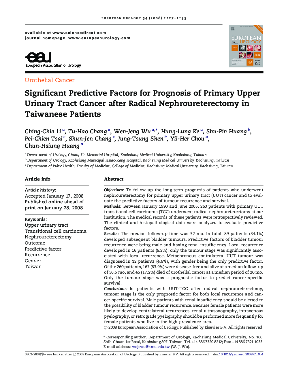 Significant Predictive Factors for Prognosis of Primary Upper Urinary Tract Cancer after Radical Nephroureterectomy in Taiwanese Patients
