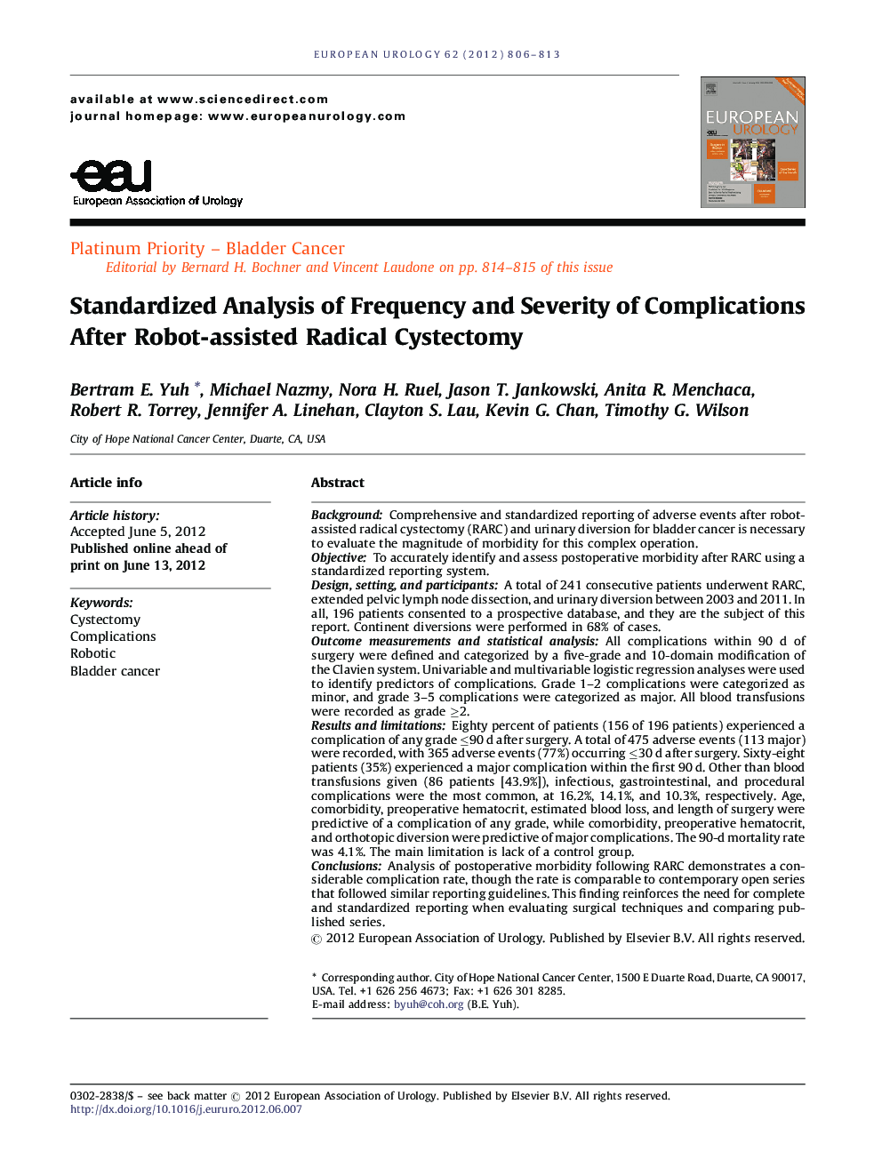 Standardized Analysis of Frequency and Severity of Complications After Robot-assisted Radical Cystectomy