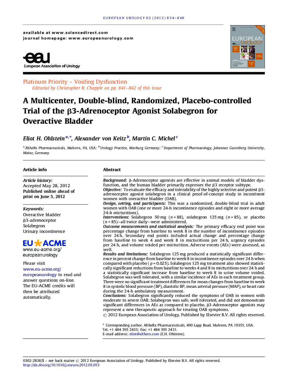 A Multicenter, Double-blind, Randomized, Placebo-controlled Trial of the β3-Adrenoceptor Agonist Solabegron for Overactive Bladder 