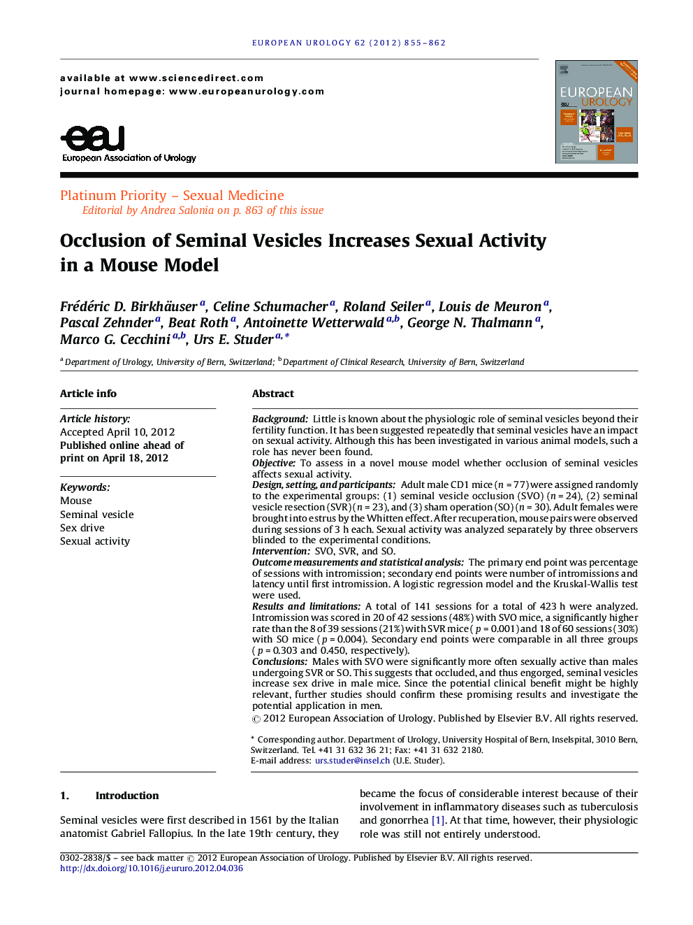 Occlusion of Seminal Vesicles Increases Sexual Activity in a Mouse Model