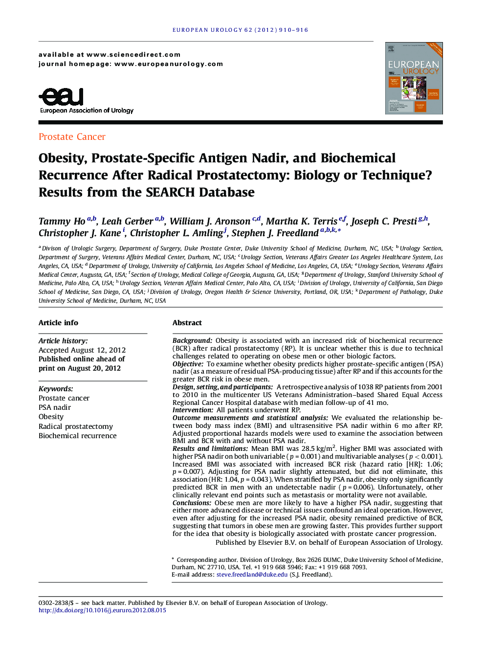 Obesity, Prostate-Specific Antigen Nadir, and Biochemical Recurrence After Radical Prostatectomy: Biology or Technique? Results from the SEARCH Database