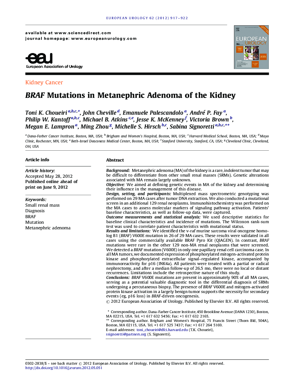 BRAF Mutations in Metanephric Adenoma of the Kidney