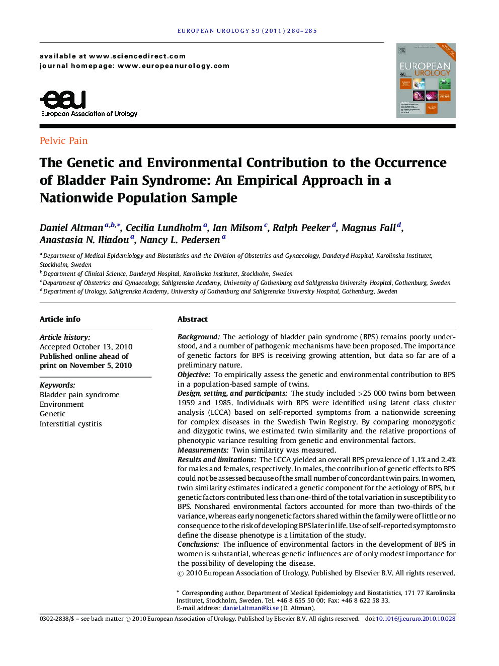 The Genetic and Environmental Contribution to the Occurrence of Bladder Pain Syndrome: An Empirical Approach in a Nationwide Population Sample