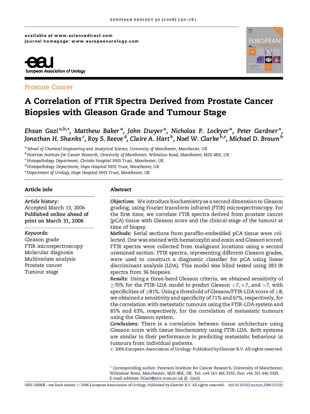 A Correlation of FTIR Spectra Derived from Prostate Cancer Biopsies with Gleason Grade and Tumour Stage