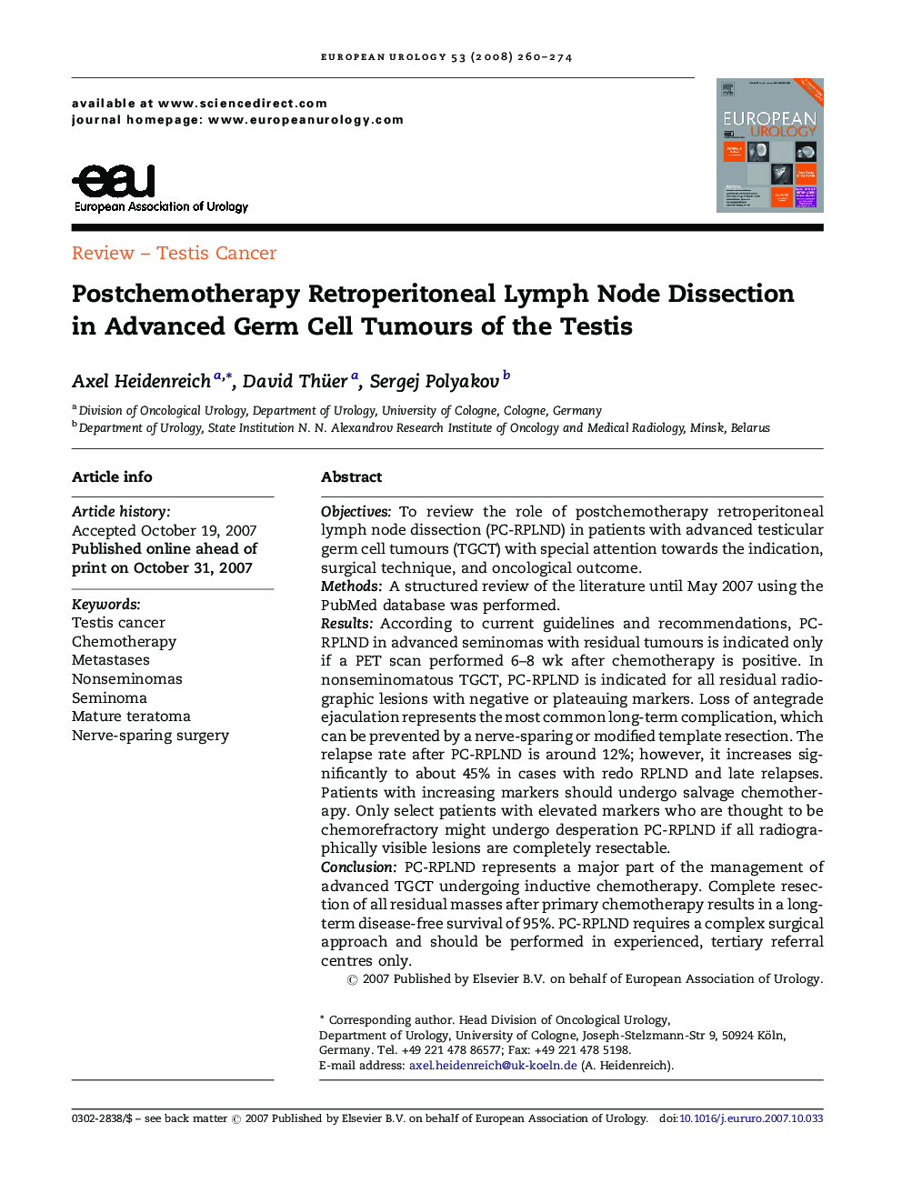 Postchemotherapy Retroperitoneal Lymph Node Dissection in Advanced Germ Cell Tumours of the Testis