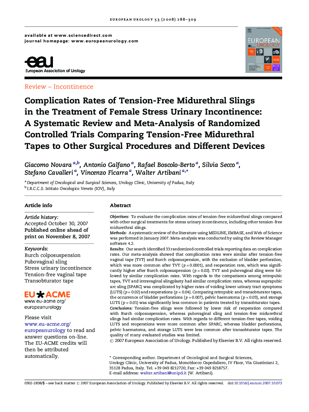 Complication Rates of Tension-Free Midurethral Slings in the Treatment of Female Stress Urinary Incontinence: A Systematic Review and Meta-Analysis of Randomized Controlled Trials Comparing Tension-Free Midurethral Tapes to Other Surgical Procedures and D