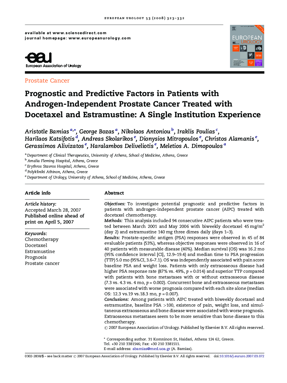 Prognostic and Predictive Factors in Patients with Androgen-Independent Prostate Cancer Treated with Docetaxel and Estramustine: A Single Institution Experience