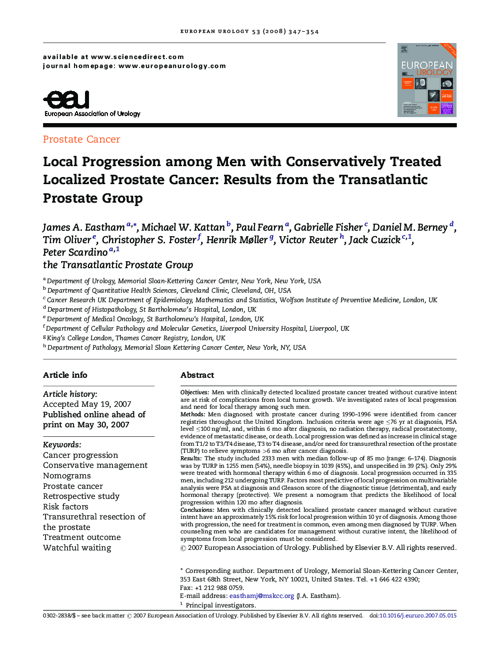 Local Progression among Men with Conservatively Treated Localized Prostate Cancer: Results from the Transatlantic Prostate Group