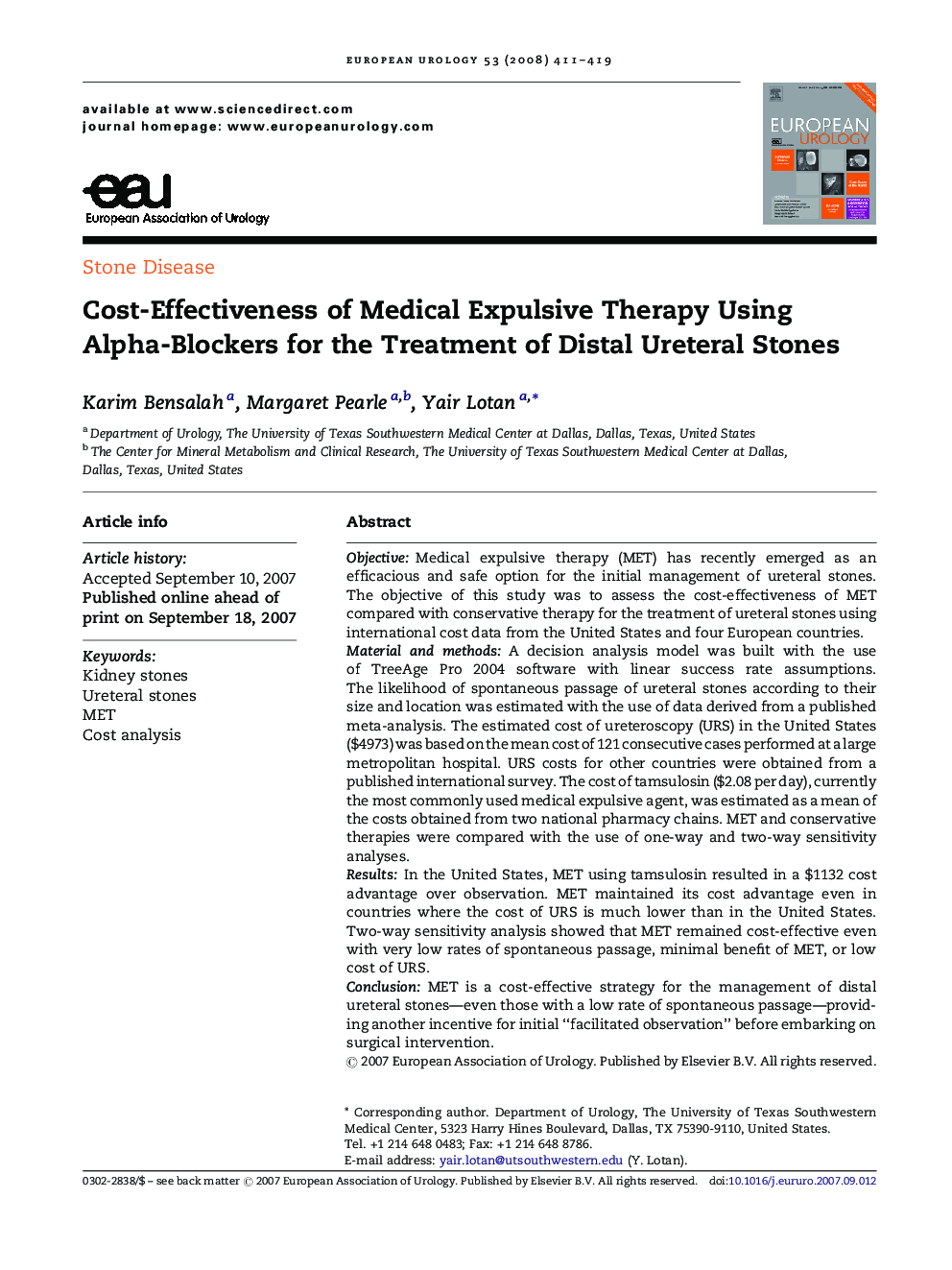 Cost-Effectiveness of Medical Expulsive Therapy Using Alpha-Blockers for the Treatment of Distal Ureteral Stones