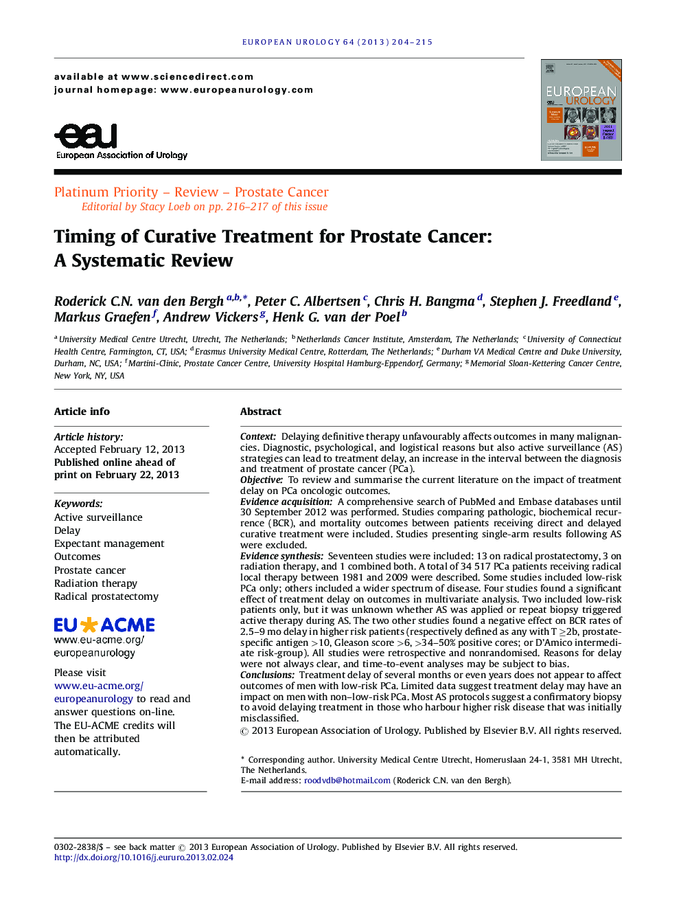 Timing of Curative Treatment for Prostate Cancer: A Systematic Review 