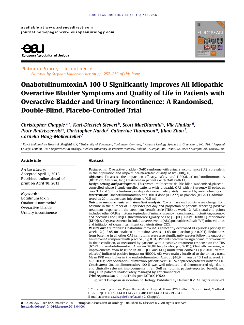 OnabotulinumtoxinA 100 U Significantly Improves All Idiopathic Overactive Bladder Symptoms and Quality of Life in Patients with Overactive Bladder and Urinary Incontinence: A Randomised, Double-Blind, Placebo-Controlled Trial